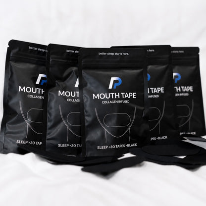 Five mouth tape packs arranged with black mouth tapes