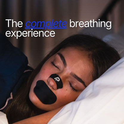 Woman sleeping with a black nasal strip and black mouth tape under text overlay