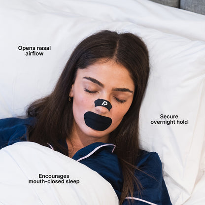 Woman resting with a black nasal strip and black mouth tape under text overlay