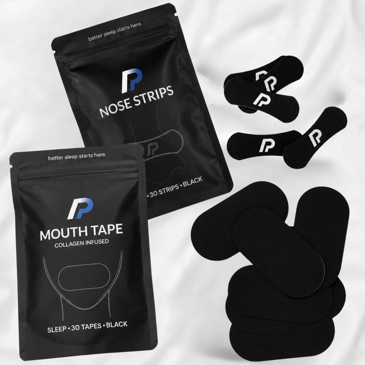 Nose strips pack and mouth tape pack with black nasal strips and black mouth tapes on white bedding