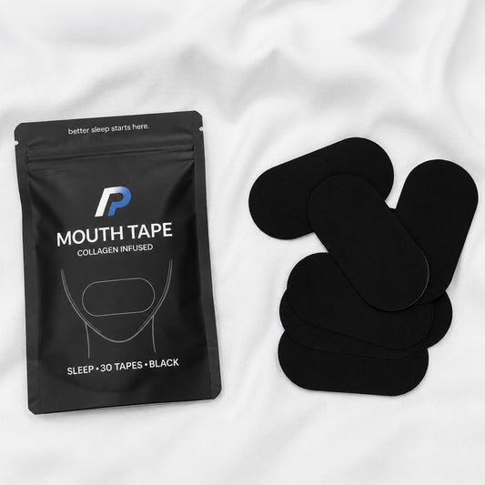 Mouth tape pack with black mouth tapes on white bedding