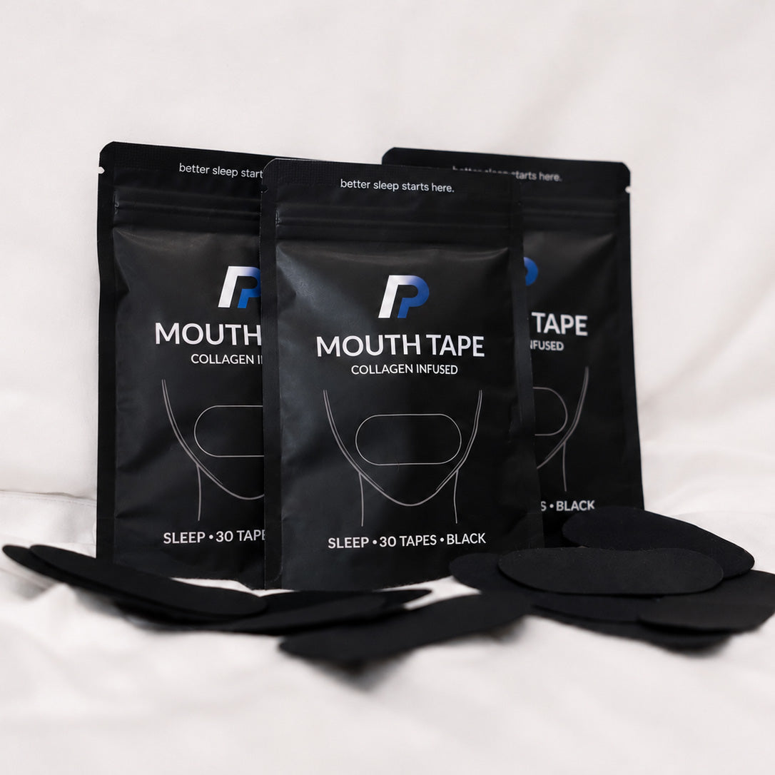 Three mouth tape packs with black mouth tape in front