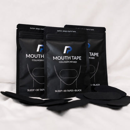 Three mouth tape packs with black mouth tape in front
