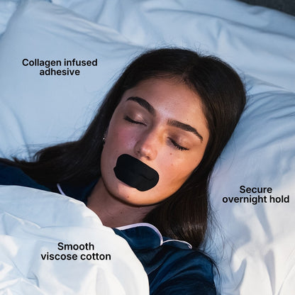 Woman sleeping with black mouth tape under text overlay